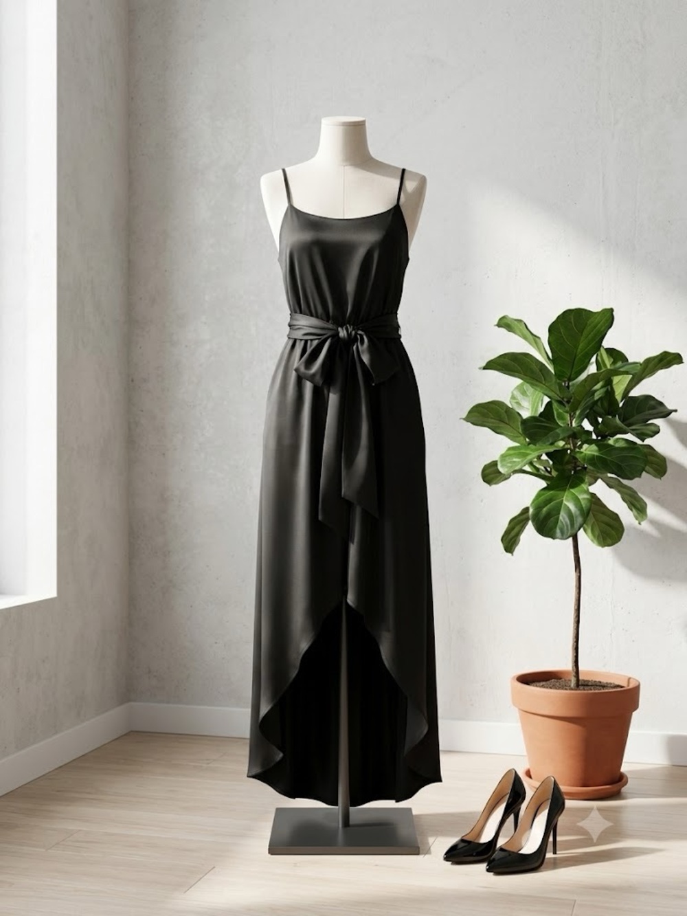 Express Black High-Low Slip Dress with Waist Tie - Picture 2 of 7